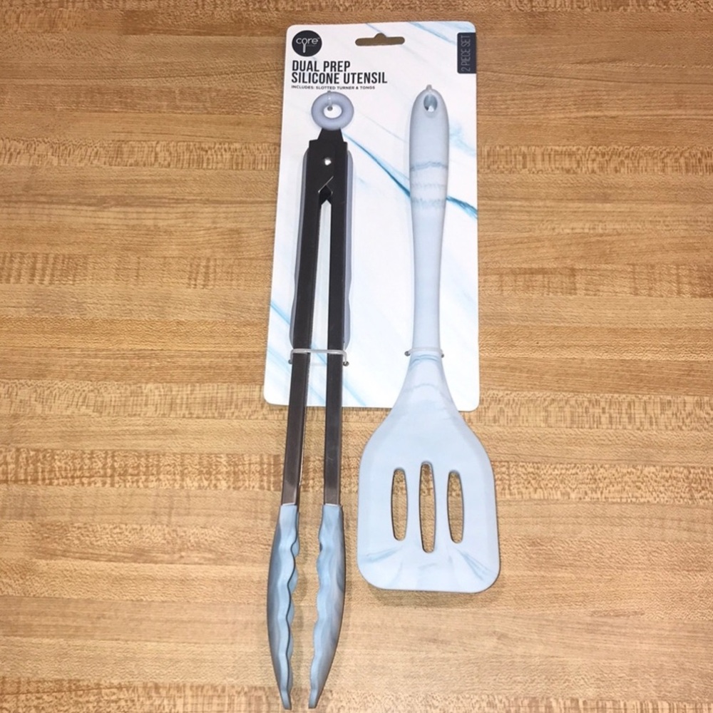 Core Kitchen Blue Marble Silicone Utensil Set 2pc Full Size Tongs Slotted Turner